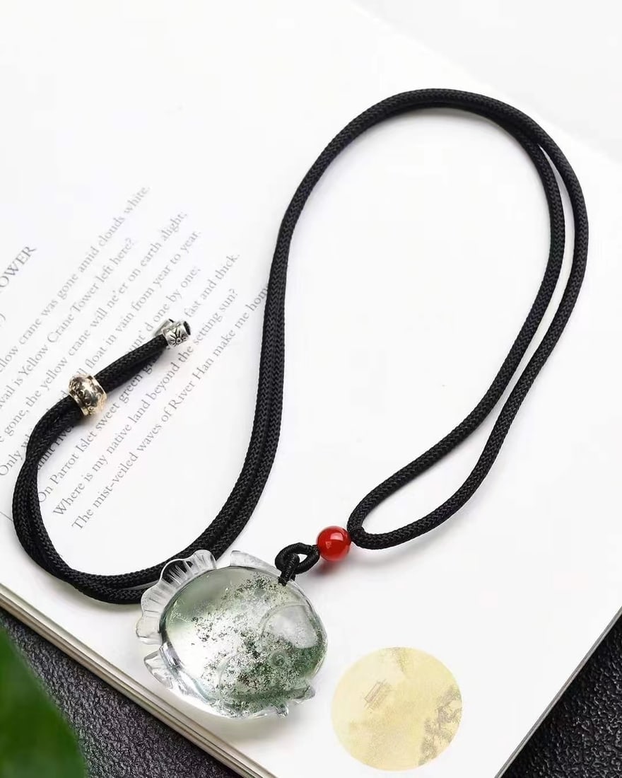 Green Crystal Hand-Carved Fish Pendant with Certificate - 5