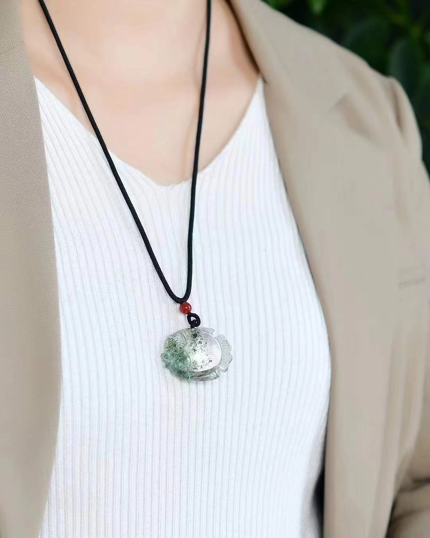 Green Crystal Hand-Carved Fish Pendant with Certificate - 6