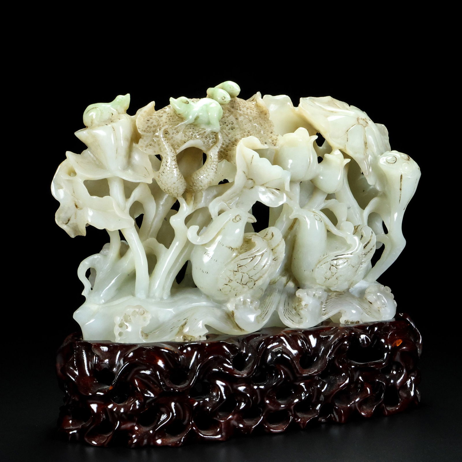 Hetian Jade Hand-Carved Mandarin duck,Lotus Statue - 2