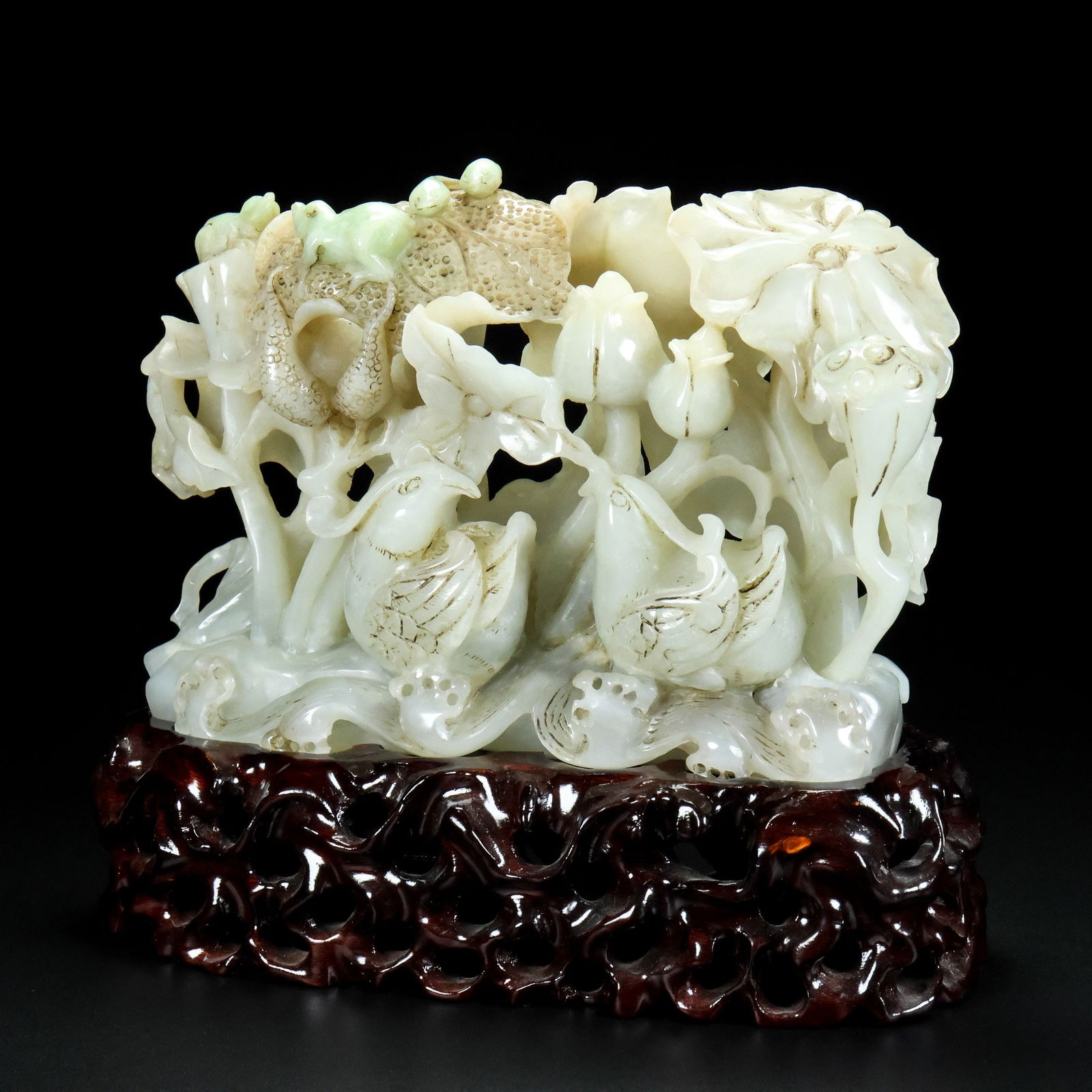 Hetian Jade Hand-Carved Mandarin duck,Lotus Statue - 3