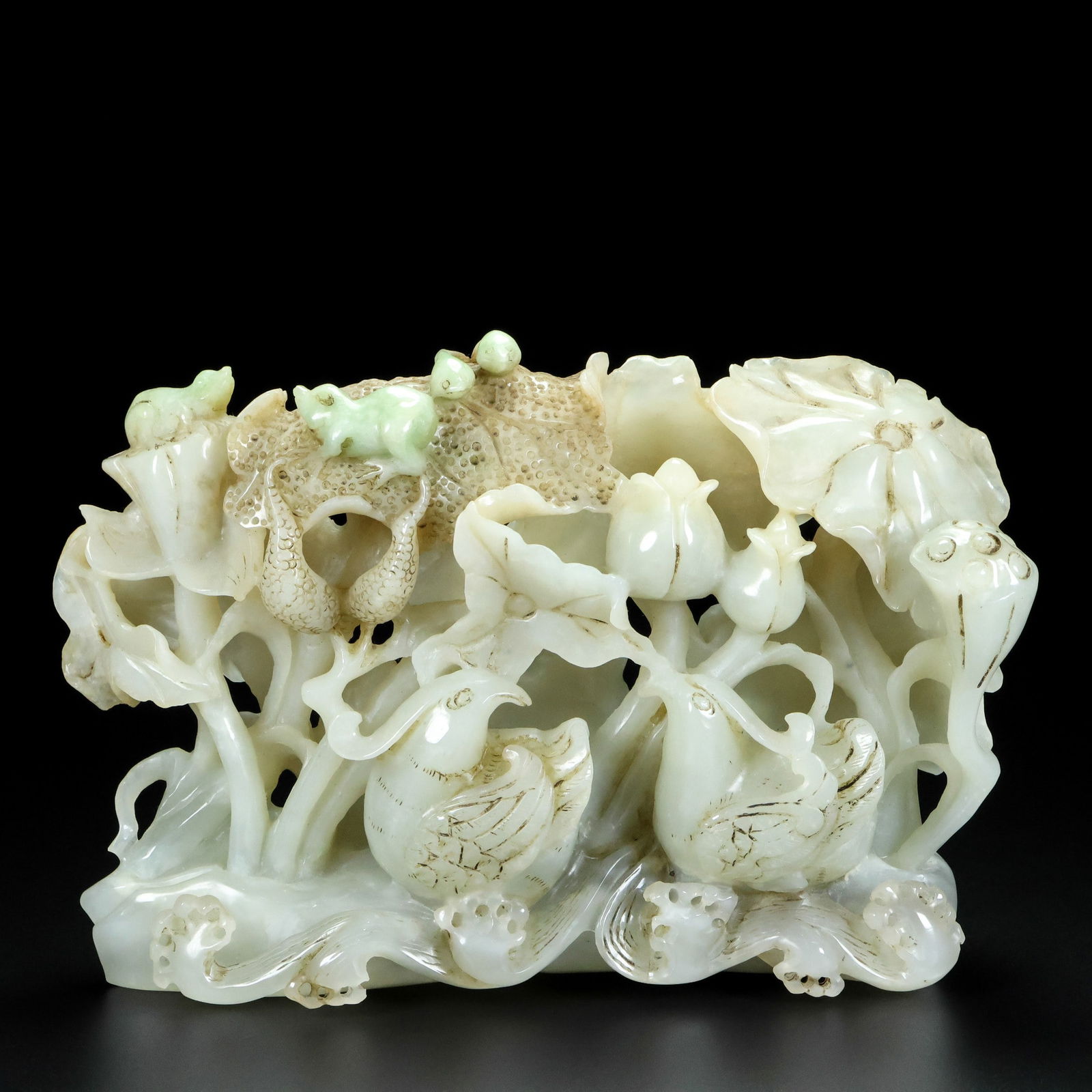 Hetian Jade Hand-Carved Mandarin duck,Lotus Statue - 4