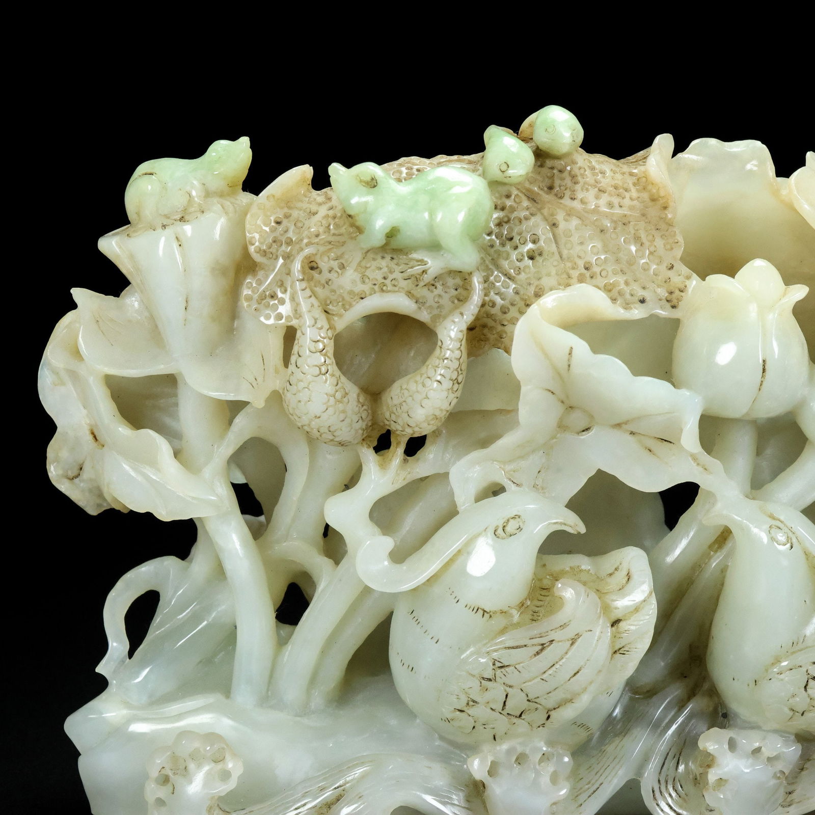 Hetian Jade Hand-Carved Mandarin duck,Lotus Statue - 5