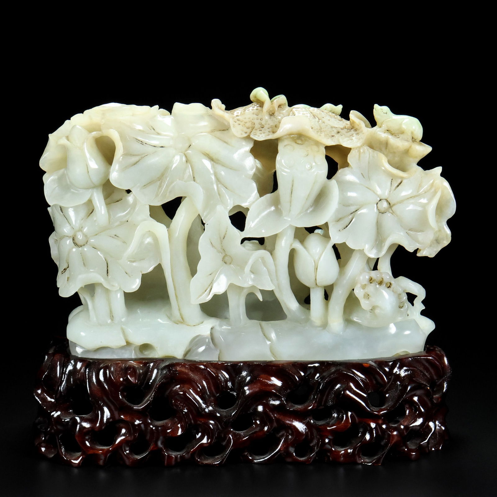 Hetian Jade Hand-Carved Mandarin duck,Lotus Statue - 8