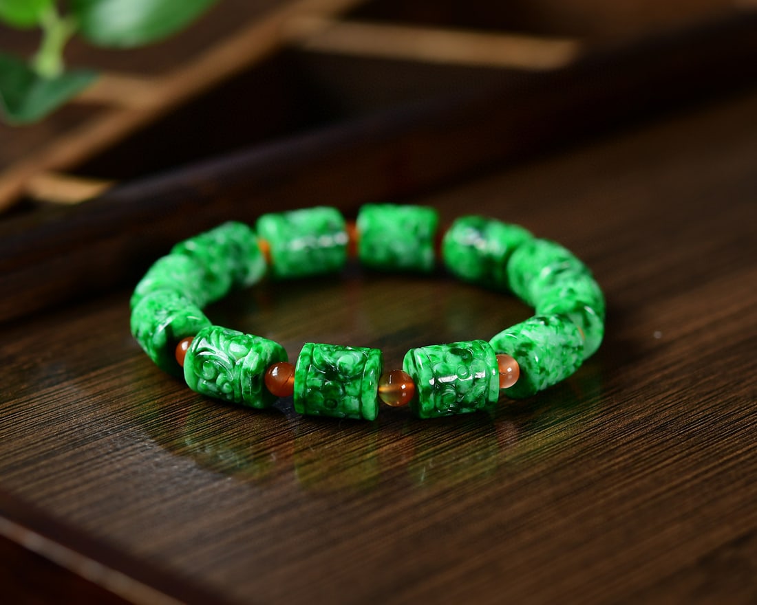 Green Jadeite Beads Bracelet with Certificate - 4