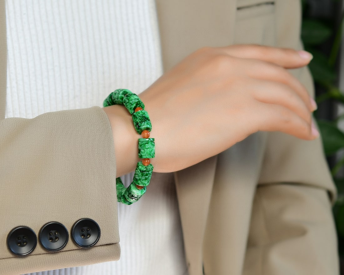 Green Jadeite Beads Bracelet with Certificate - 6