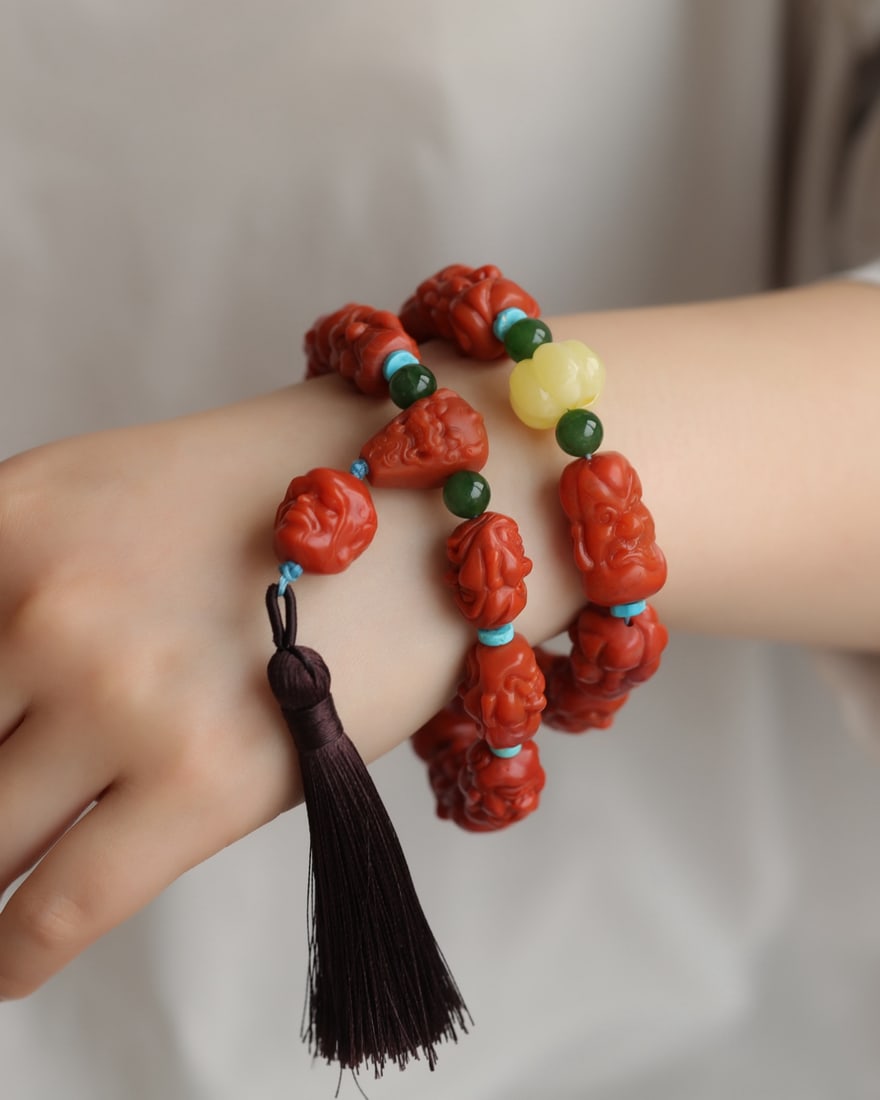 Nanhong Agate Hand-Carved Eighteen Arhat Hand Chain - 6