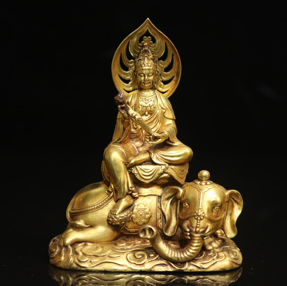 Gilt Gold Bronze Samantabhadra & Elephant Statue: Title: Gilt Gold Bronze Samantabhadra & Elephant Statue Origin: Chinese Date/Period: After1890 Materials: Gilt Gold Bronze Dimensions: 110x80(mm) 4.33x3.15(inches) Weight 1.00 lbs/452g Reserve: