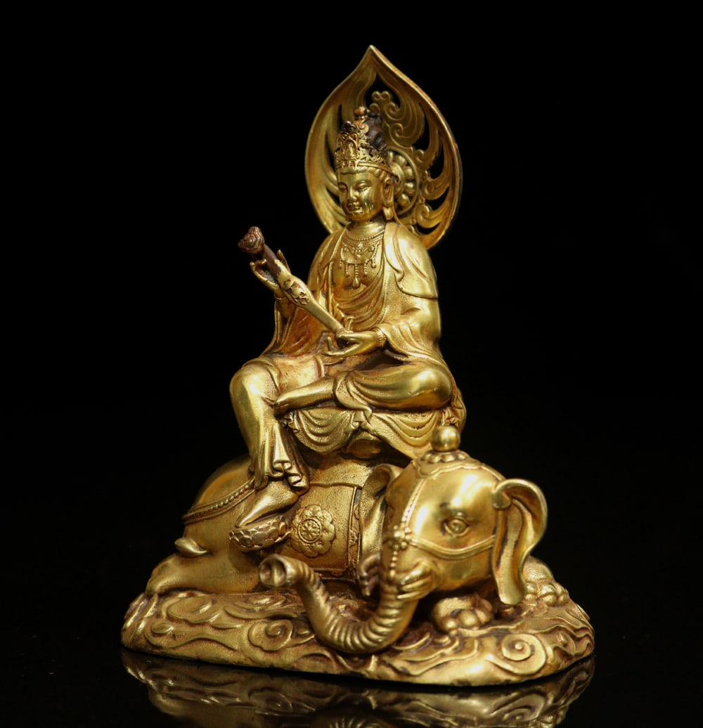 Gilt Gold Bronze Samantabhadra & Elephant Statue - 2