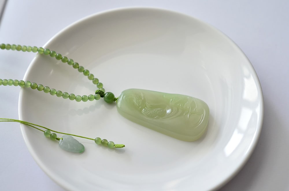 Hetian Jade Hand-Carved Fish,Lotus leaf Pendant - 2