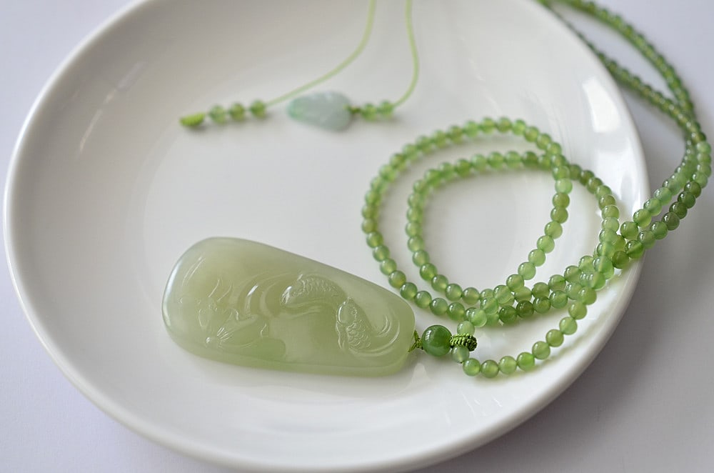 Hetian Jade Hand-Carved Fish,Lotus leaf Pendant - 7