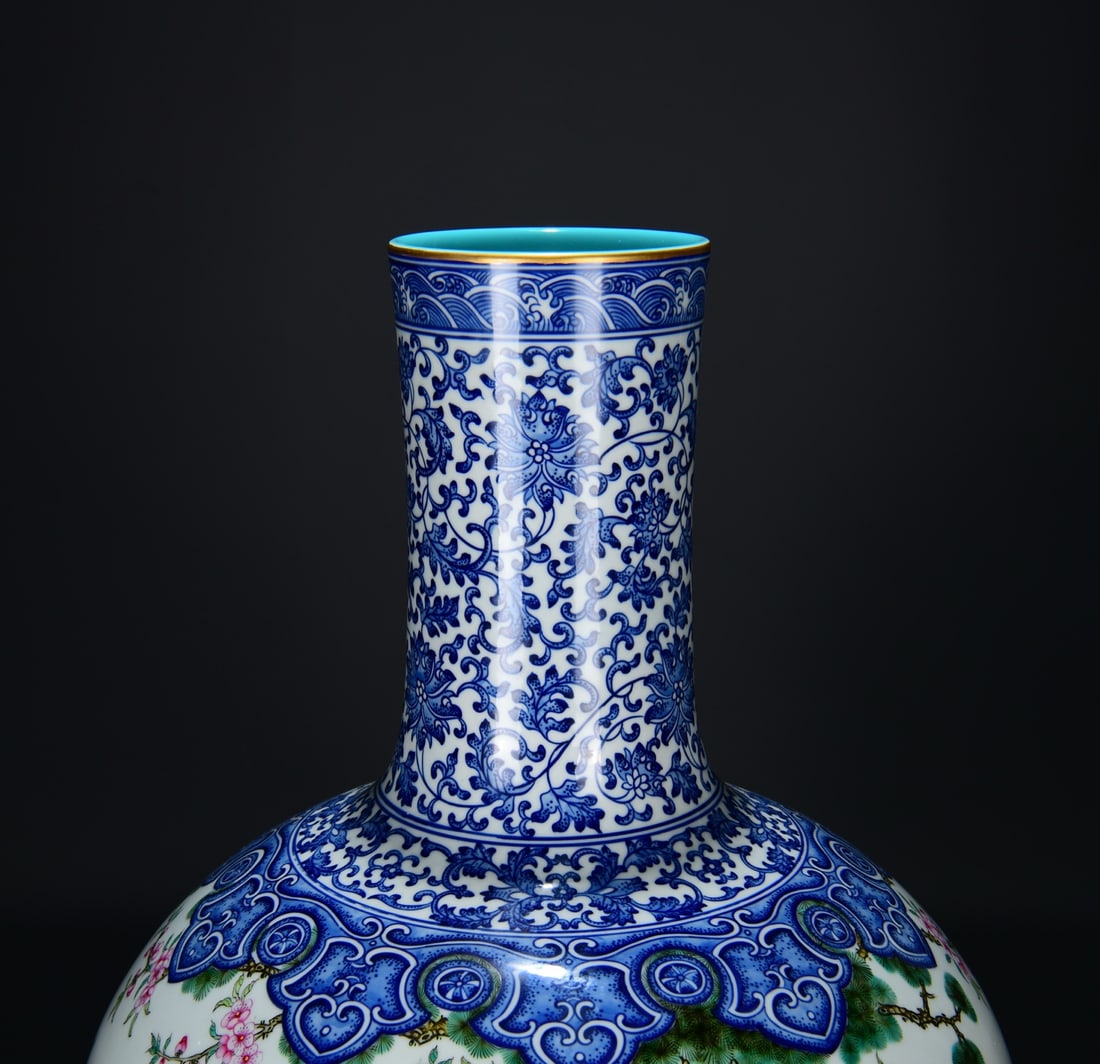 Famille Rose,Blue and White Porcelain Vase - Rooster,Peony - 2