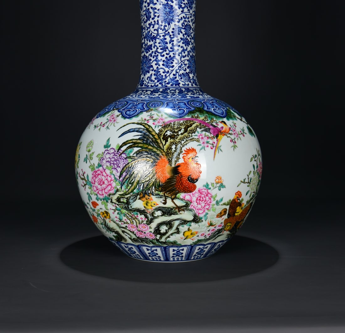 Famille Rose,Blue and White Porcelain Vase - Rooster,Peony - 3