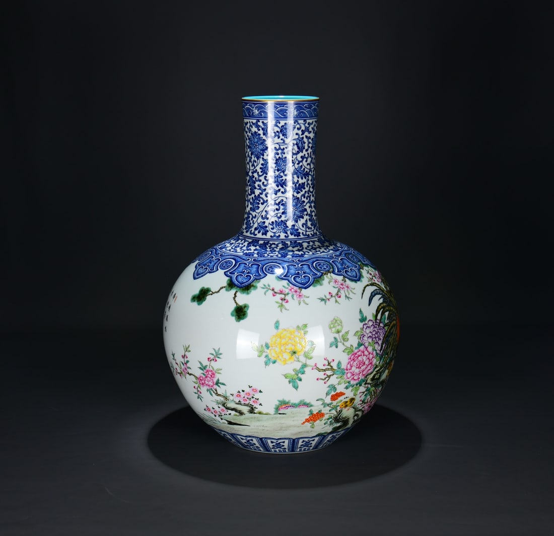 Famille Rose,Blue and White Porcelain Vase - Rooster,Peony - 6
