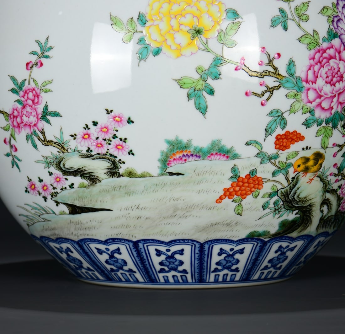 Famille Rose,Blue and White Porcelain Vase - Rooster,Peony - 7