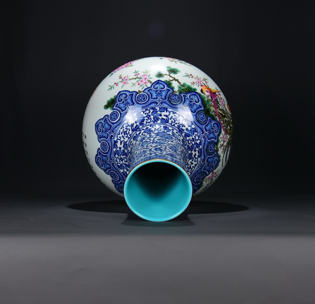Famille Rose,Blue and White Porcelain Vase - Rooster,Peony - 8