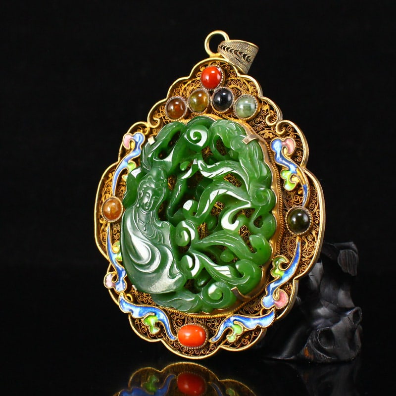 Gold Wires Enamel Inlay Green Hetian Jade Kwan-yin Pendant - 3