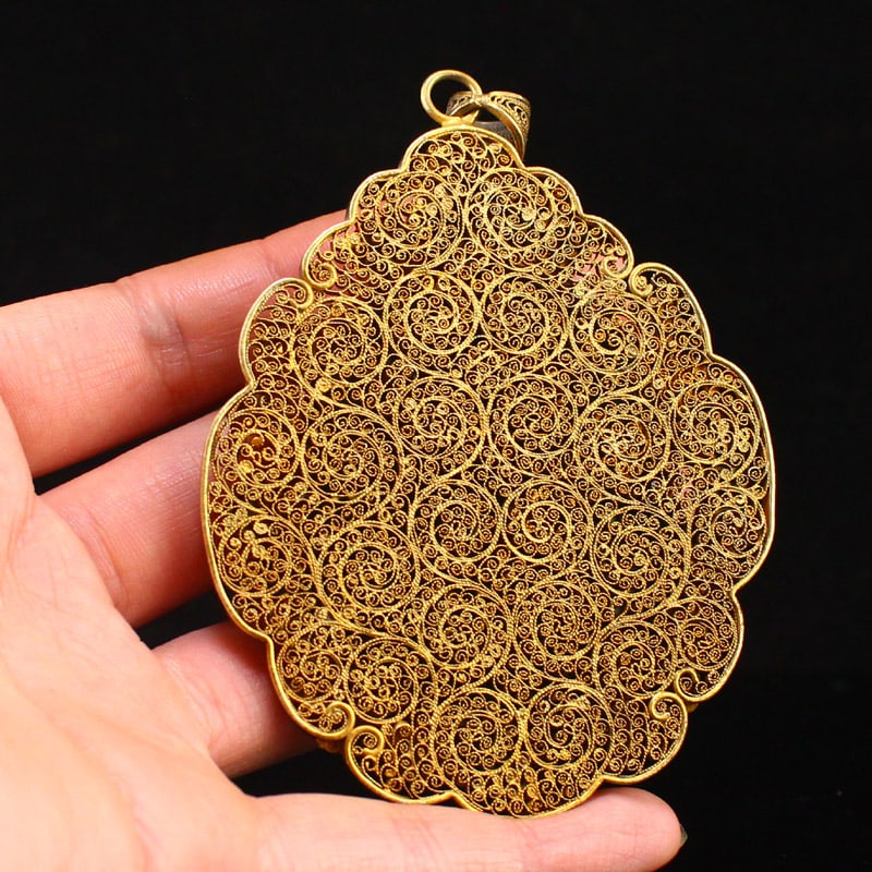 Gold Wires Enamel Inlay Green Hetian Jade Kwan-yin Pendant - 6