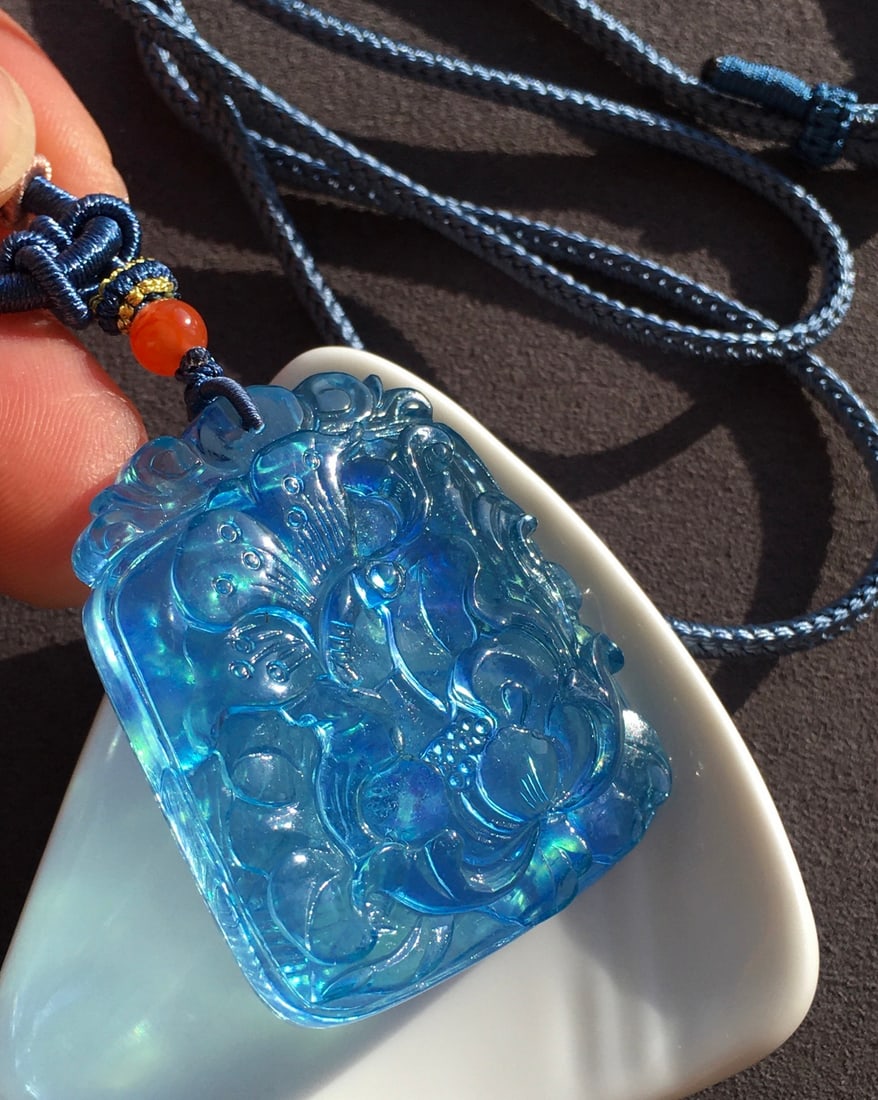 Natural Aquamarine Hand-carved Pendant - Flower,butterfly - 4