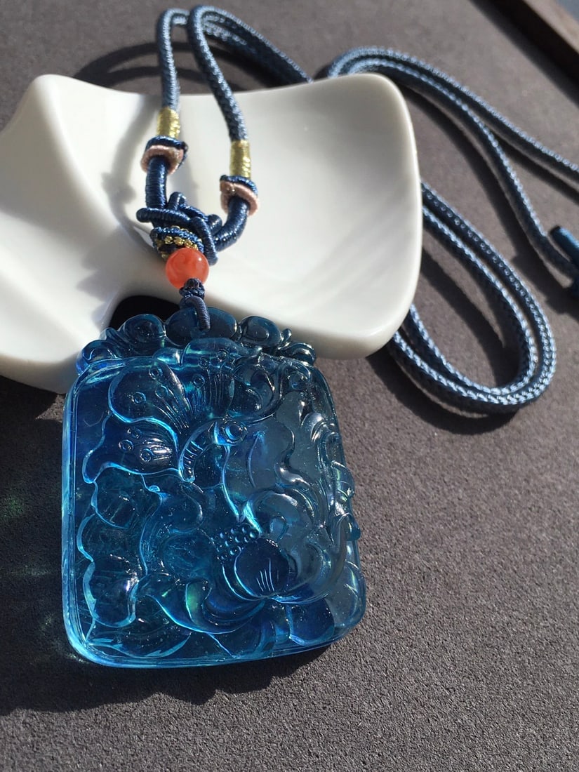 Natural Aquamarine Hand-carved Pendant - Flower,butterfly - 7