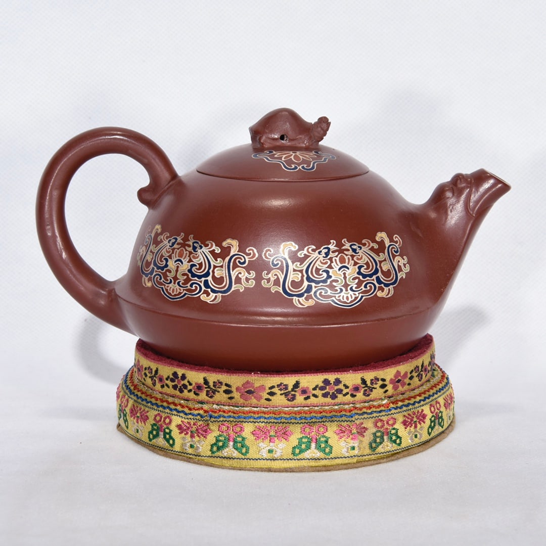 Gilt Gold Famille Rose Yixing Zisha Clay Turtle Teapot w Box - 3