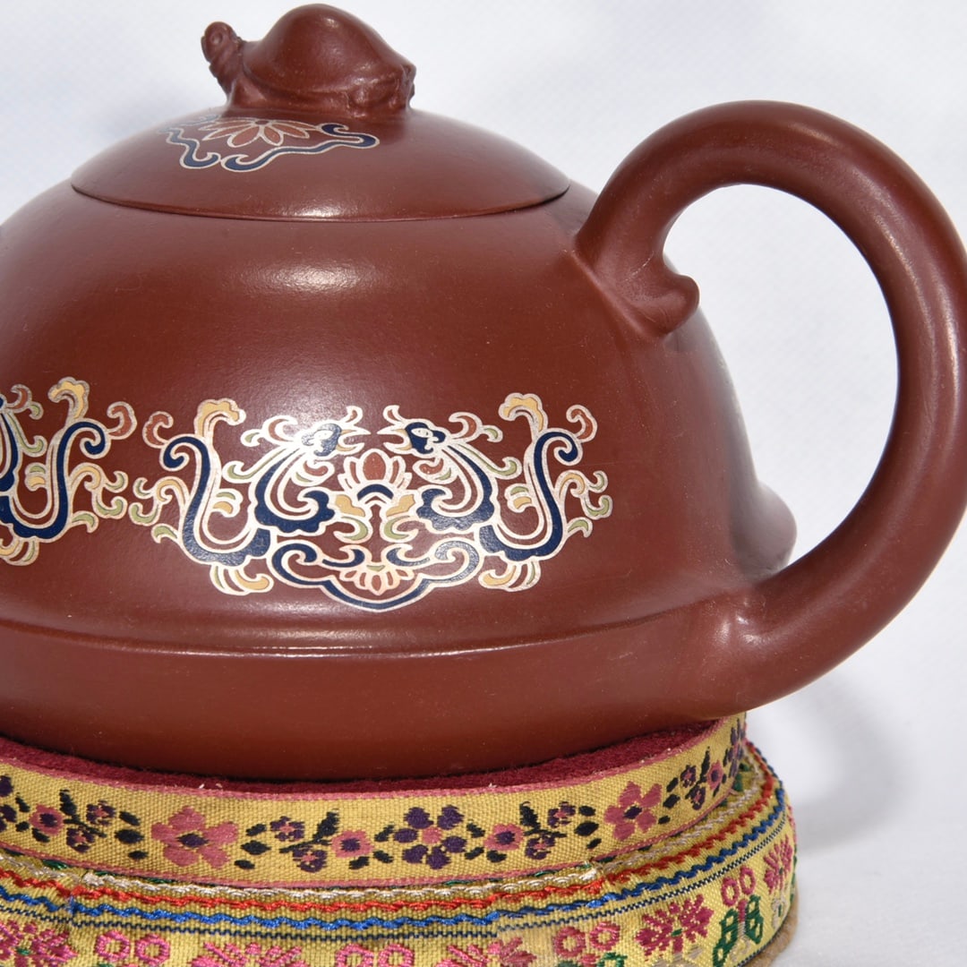 Gilt Gold Famille Rose Yixing Zisha Clay Turtle Teapot w Box - 4