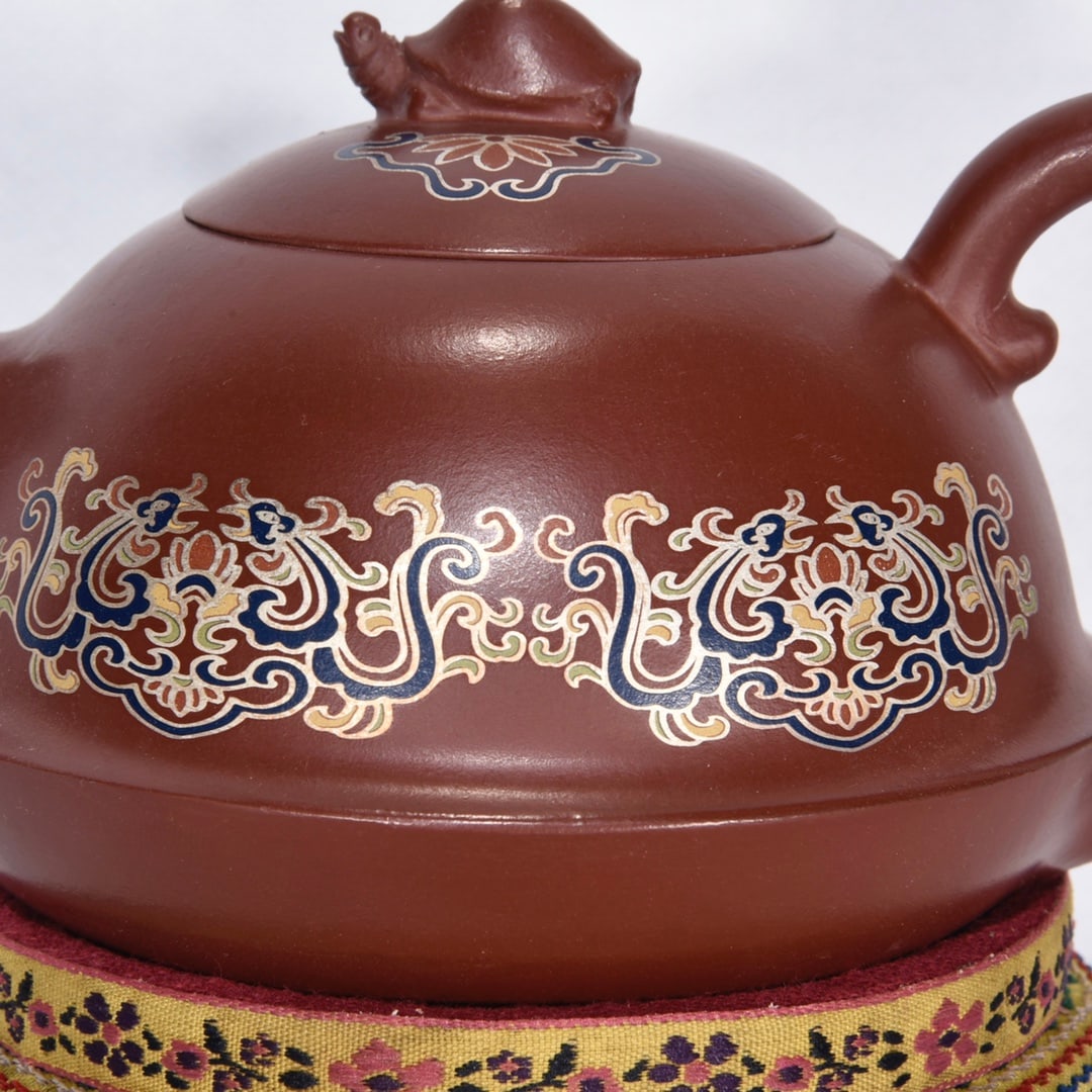 Gilt Gold Famille Rose Yixing Zisha Clay Turtle Teapot w Box - 5
