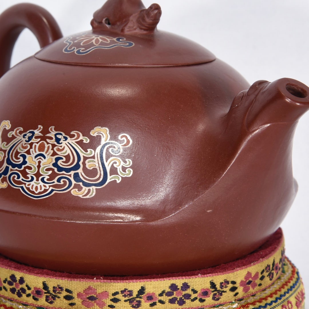 Gilt Gold Famille Rose Yixing Zisha Clay Turtle Teapot w Box - 6
