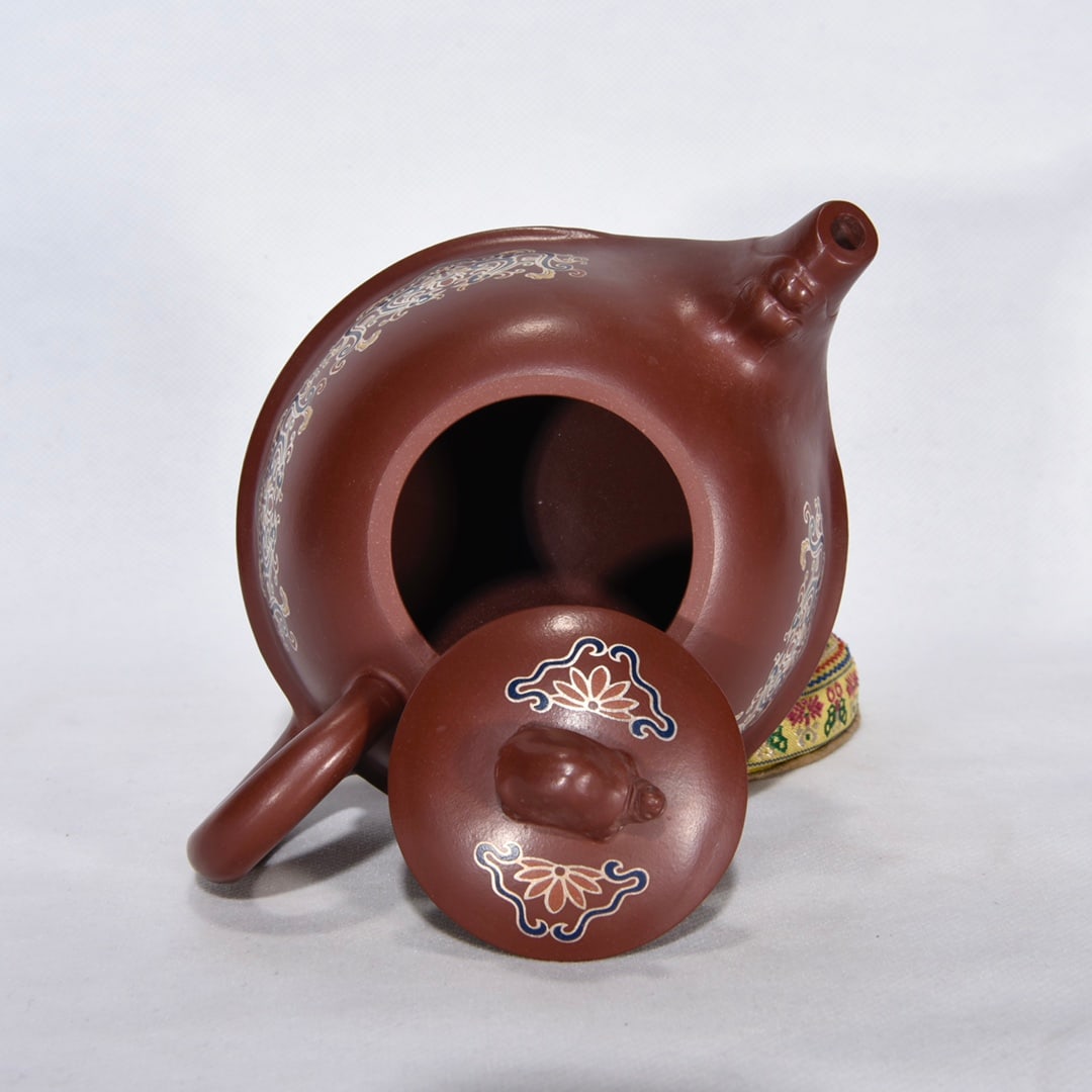 Gilt Gold Famille Rose Yixing Zisha Clay Turtle Teapot w Box - 7