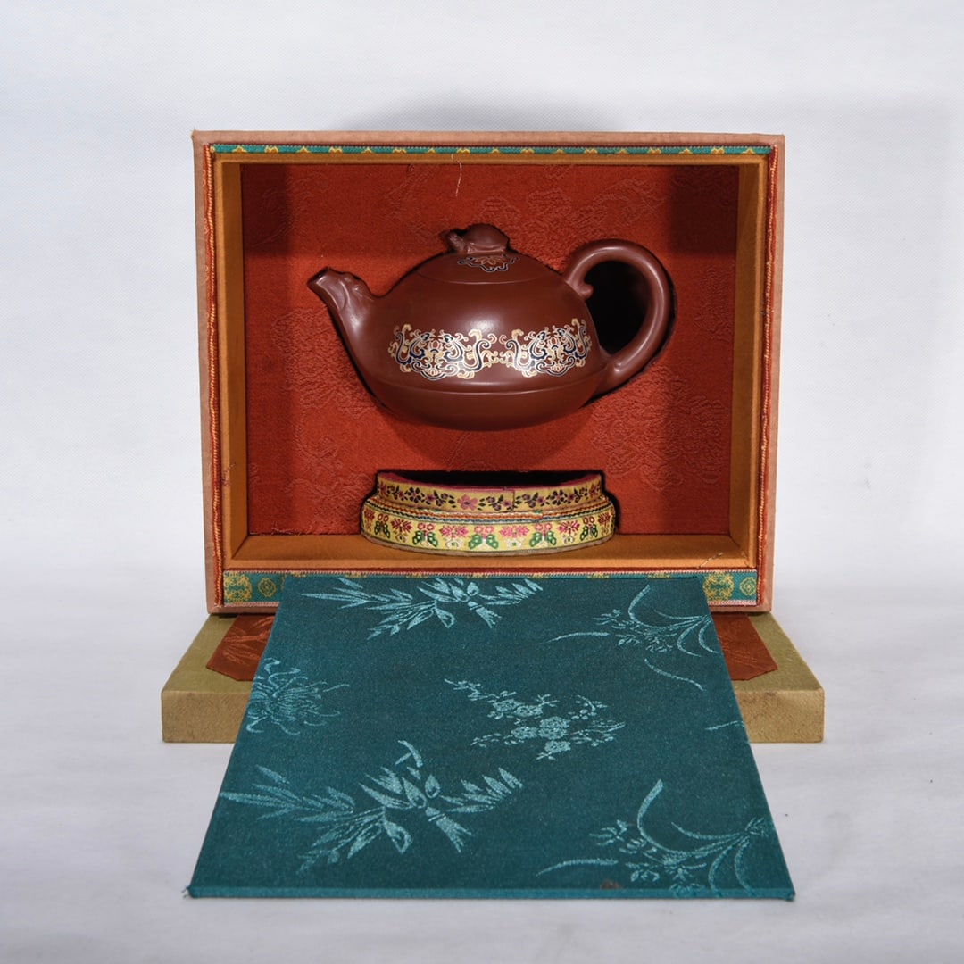 Gilt Gold Famille Rose Yixing Zisha Clay Turtle Teapot w Box - 9