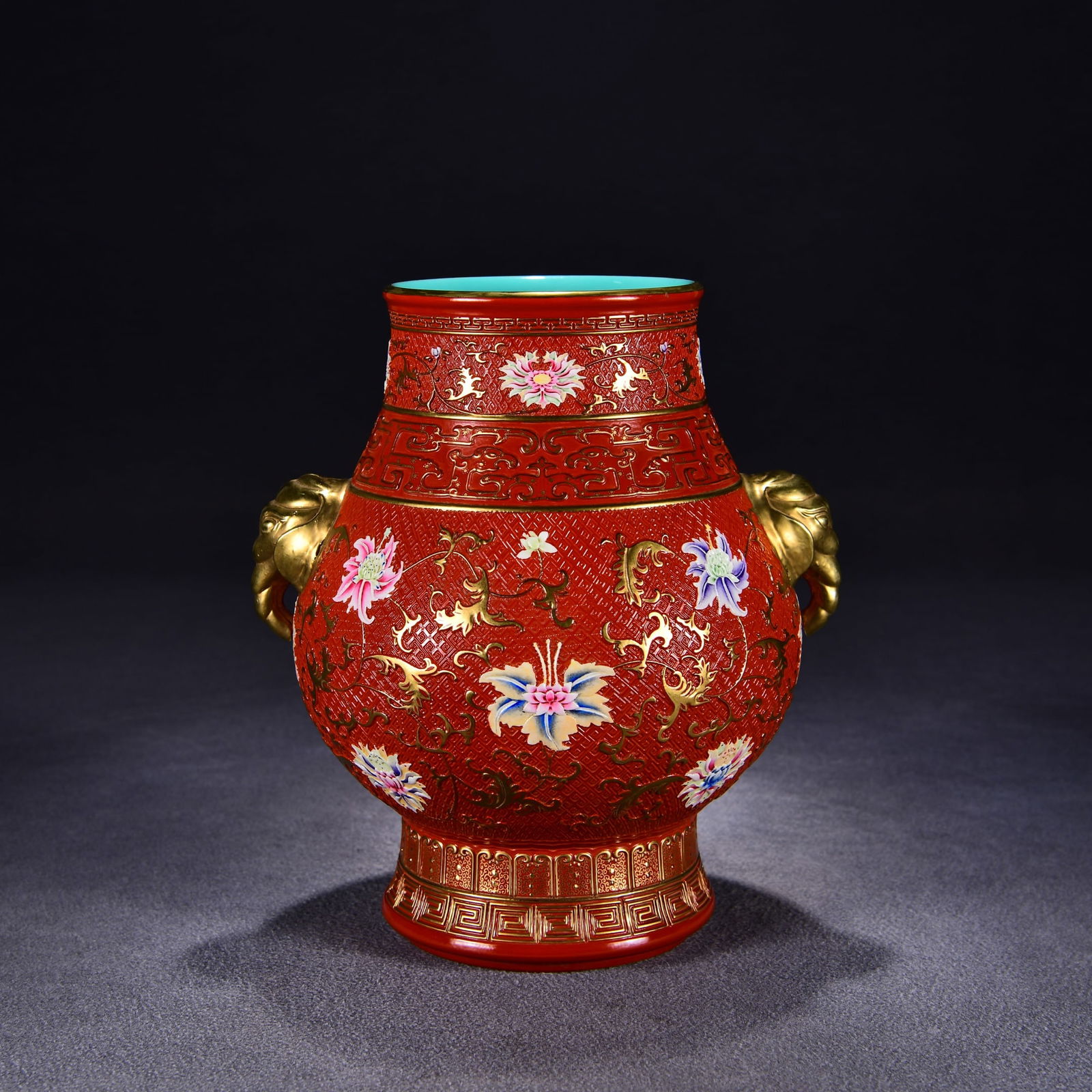 Porcelain Vase Gilt Gold Famille Rose w Flower Elephant Qianlong Mark: Title: Porcelain Vase Gilt Gold Famille Rose w Flower Elephant Qianlong Mark Origin: Chinese Date/Period: After1880 Materials: Porcelain Dimensions: 290x270(mm) 11.42x10.63(inches) Reserve: