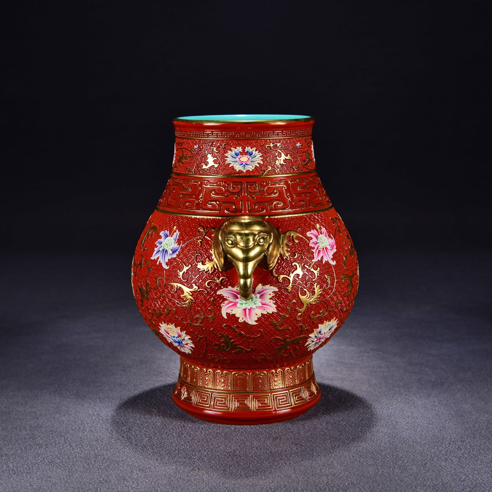 Porcelain Vase Gilt Gold Famille Rose w Flower Elephant Qianlong Mark - 2