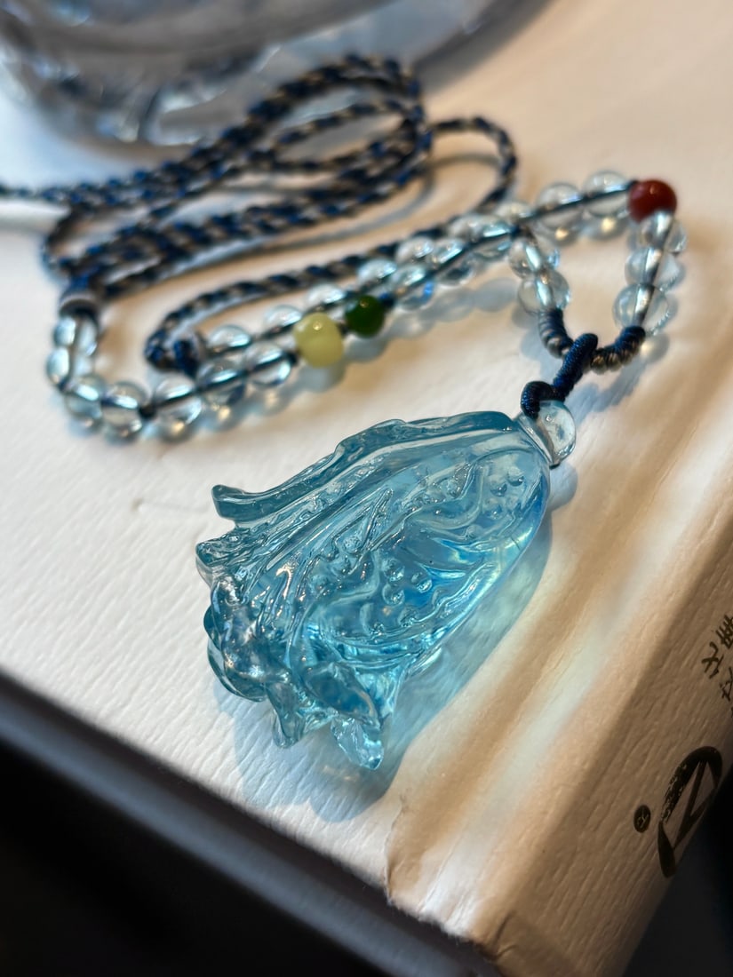 Aquamarine Hand-Carved Pendant,Cabbage,Certificate - 2