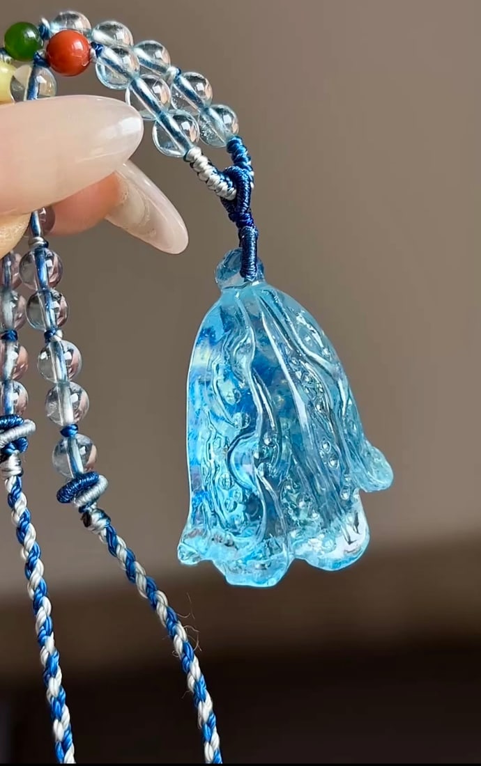 Aquamarine Hand-Carved Pendant,Cabbage,Certificate - 4
