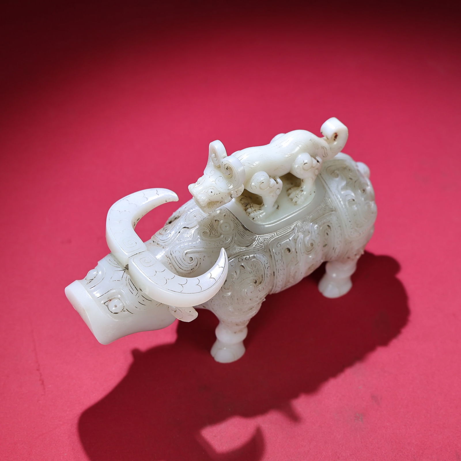 White Hetian Jade Hand-Carved Animal Statue w Fortune Ox(Zun vessel in the shape of a bull) - 2