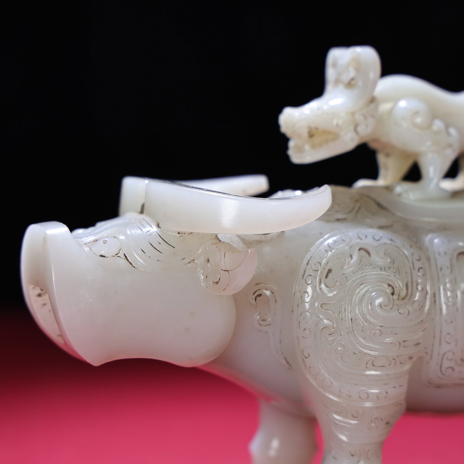 White Hetian Jade Hand-Carved Animal Statue w Fortune Ox(Zun vessel in the shape of a bull) - 6
