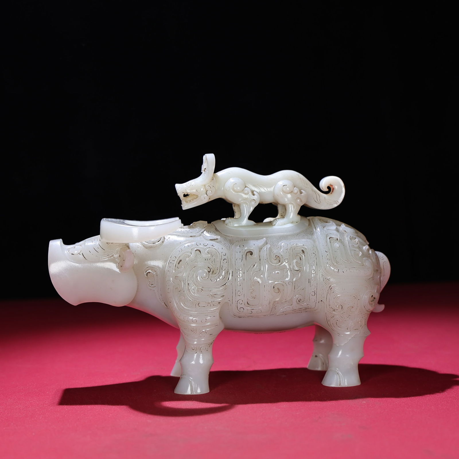 White Hetian Jade Hand-Carved Animal Statue w Fortune Ox(Zun vessel in the shape of a bull) - 7
