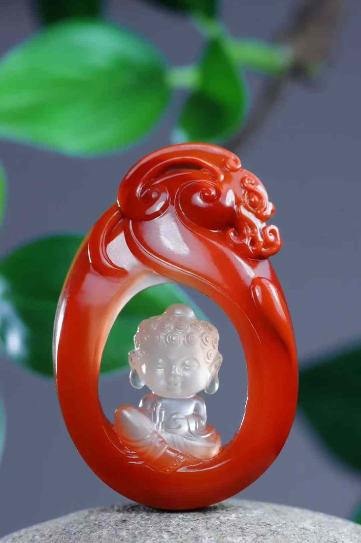 Nanhong Agate Hand-Carved Baby Buddha Pendant with Certificate - 2