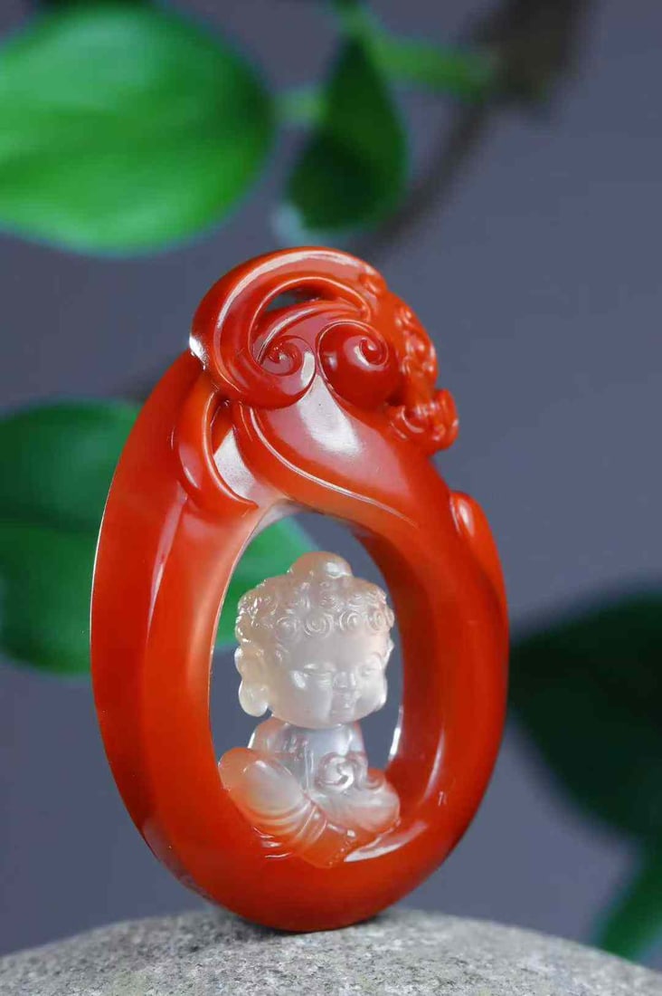 Nanhong Agate Hand-Carved Baby Buddha Pendant with Certificate - 3