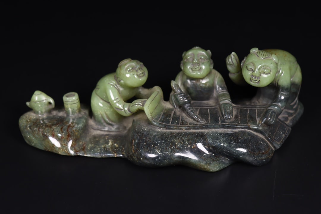 Natural Hetian Jade Hand-Carved Kid Statue: Title: Natural Hetian Jade Hand-Carved Kid Statue Origin: Chinese Date/Period: After1880 Materials: Hetian Jade Dimensions: 210 x 80 x 60 (mm) 8.27 x 3.15 x 2.36 (inches) Weight: 1.74 lbs/ 790 g 