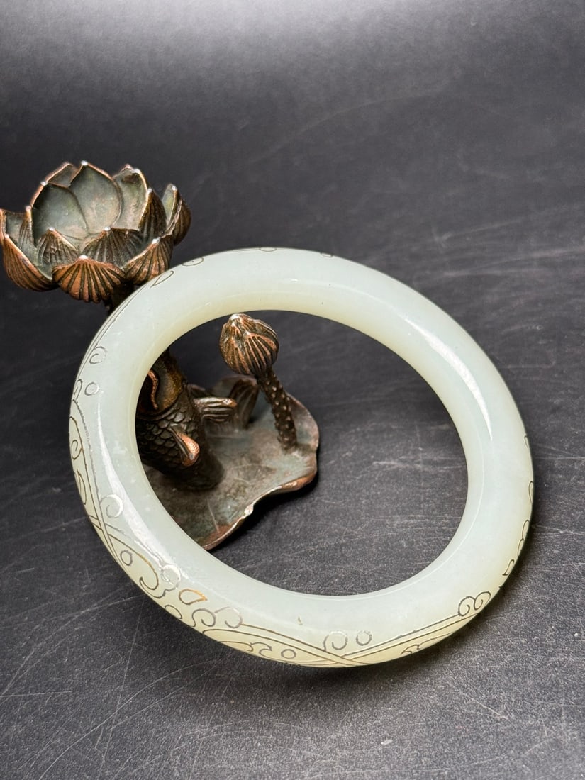 Inside Diameter 54mm Hetian Jade Inlay Silver Wire Bracelet - 4