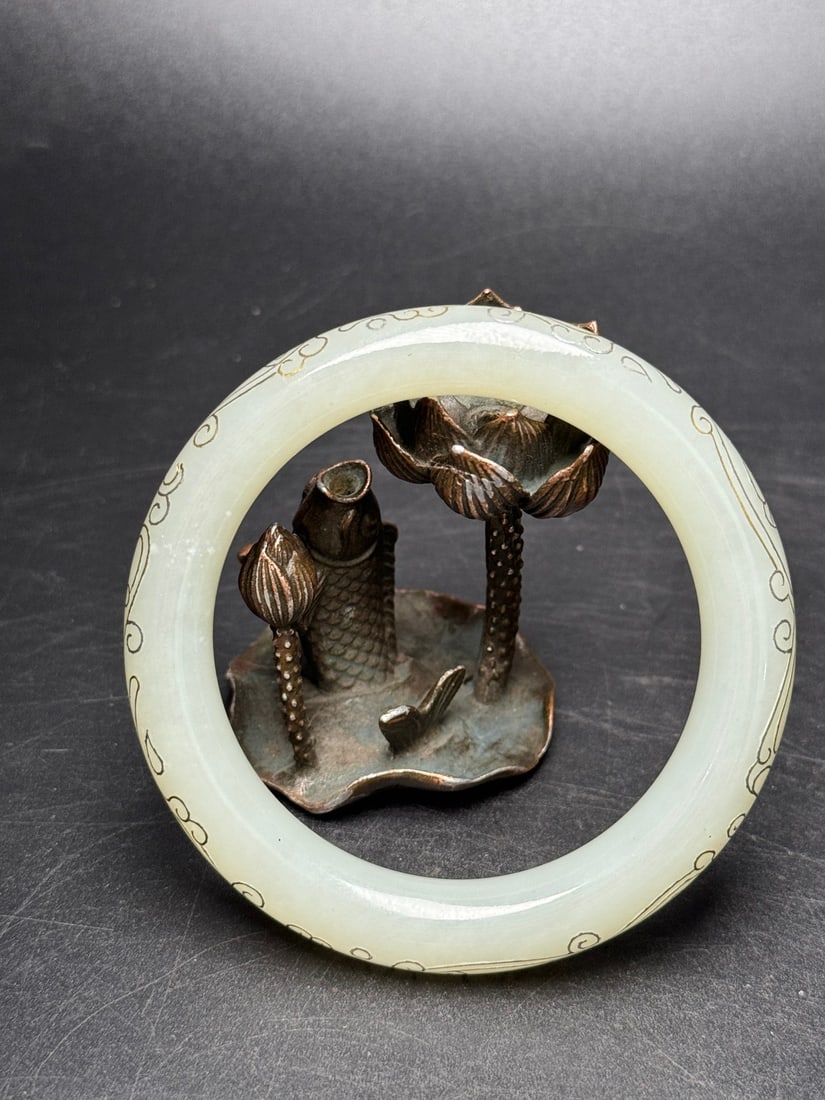 Inside Diameter 54mm Hetian Jade Inlay Silver Wire Bracelet - 5