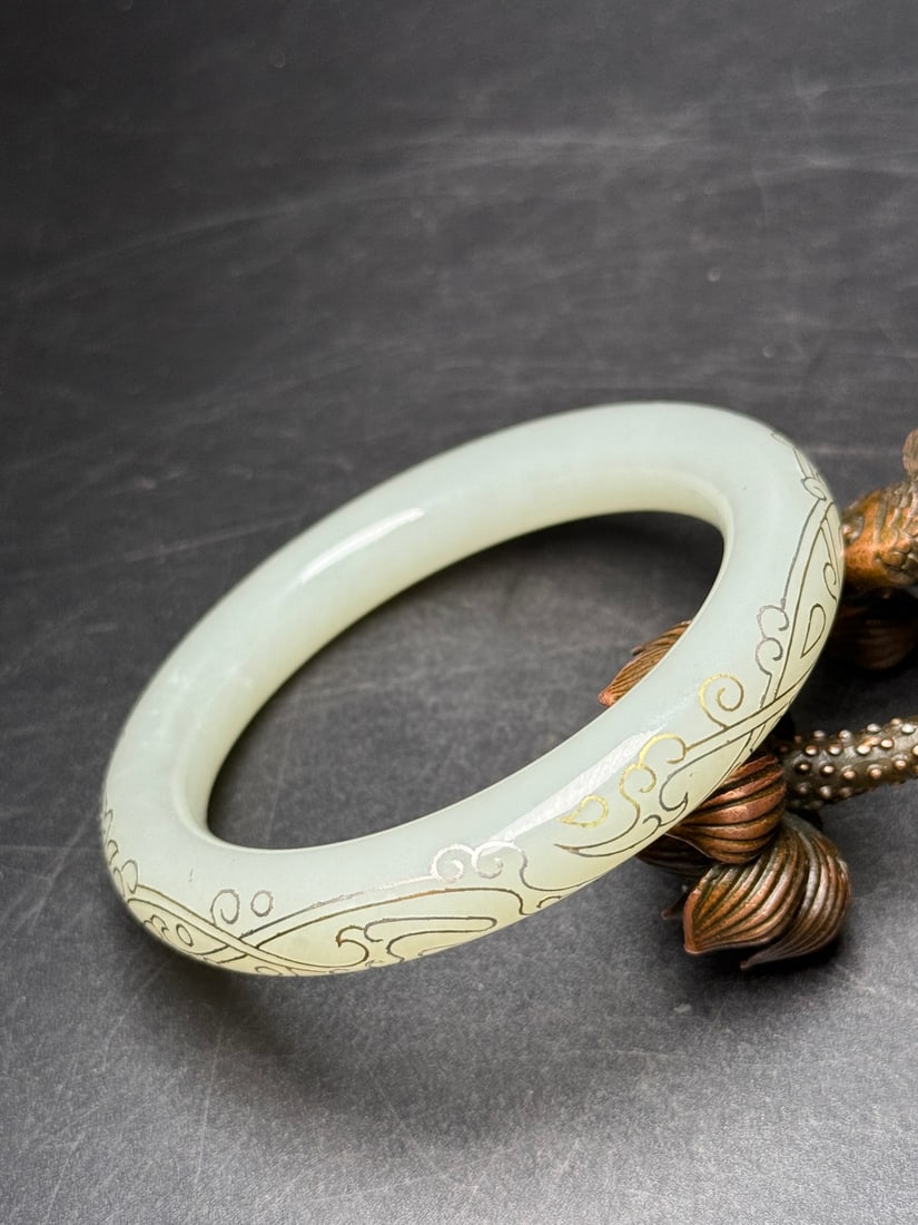 Inside Diameter 54mm Hetian Jade Inlay Silver Wire Bracelet - 6