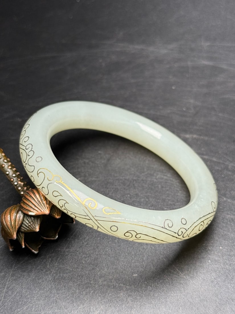 Inside Diameter 54mm Hetian Jade Inlay Silver Wire Bracelet - 7