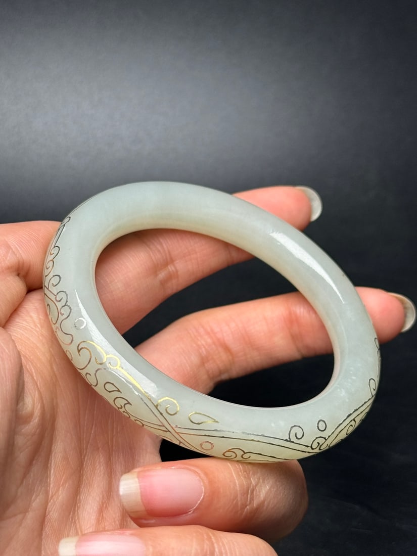 Inside Diameter 54mm Hetian Jade Inlay Silver Wire Bracelet - 9