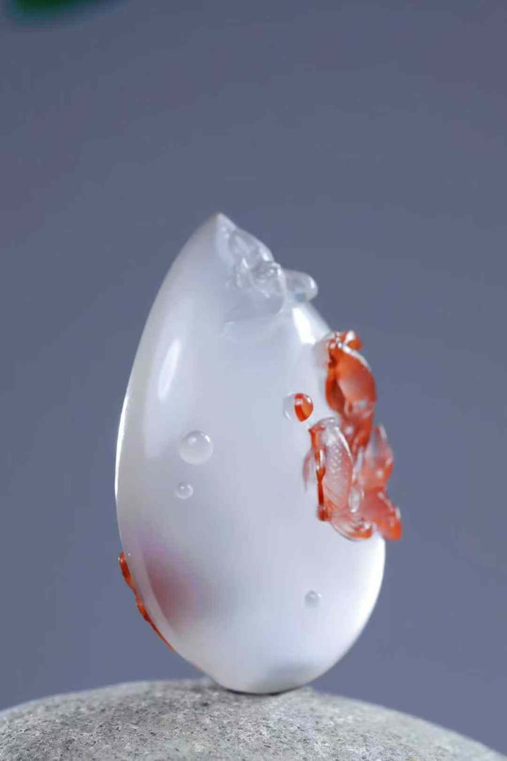 Nanhong Agate Hand-Carved Goldfish,lotus Pendant with Certificate - 3