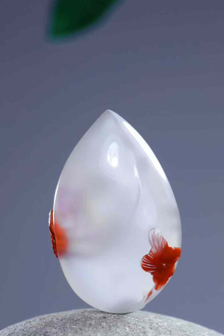 Nanhong Agate Hand-Carved Goldfish,lotus Pendant with Certificate - 4