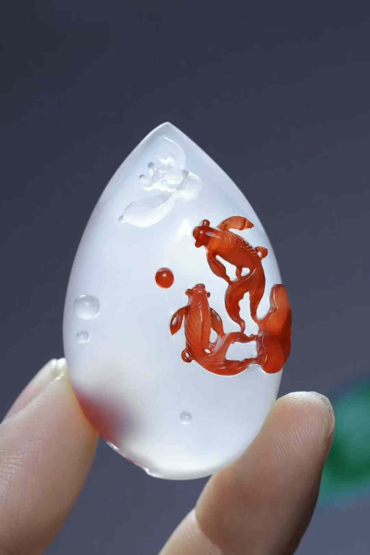 Nanhong Agate Hand-Carved Goldfish,lotus Pendant with Certificate - 6