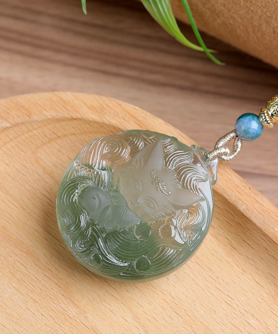 Green Crystal Hand-Carved Fox Pendant with Certificate - 3