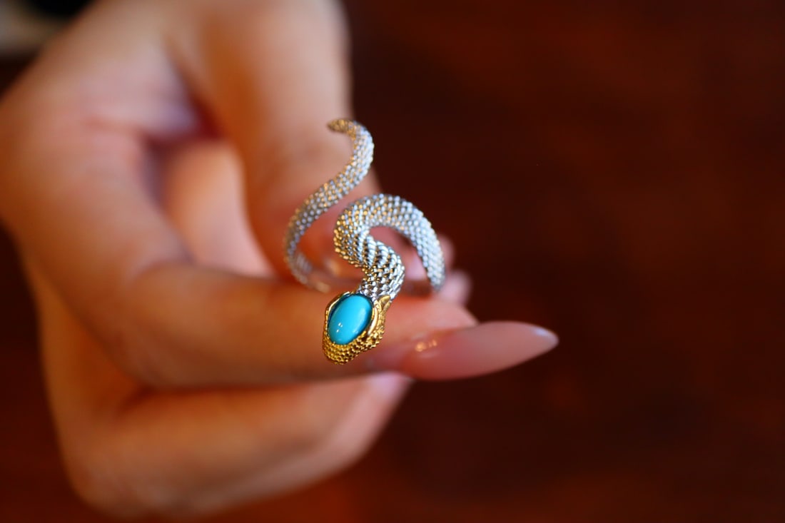 925 Silver Inlay Turquoise Snake Ring - 4
