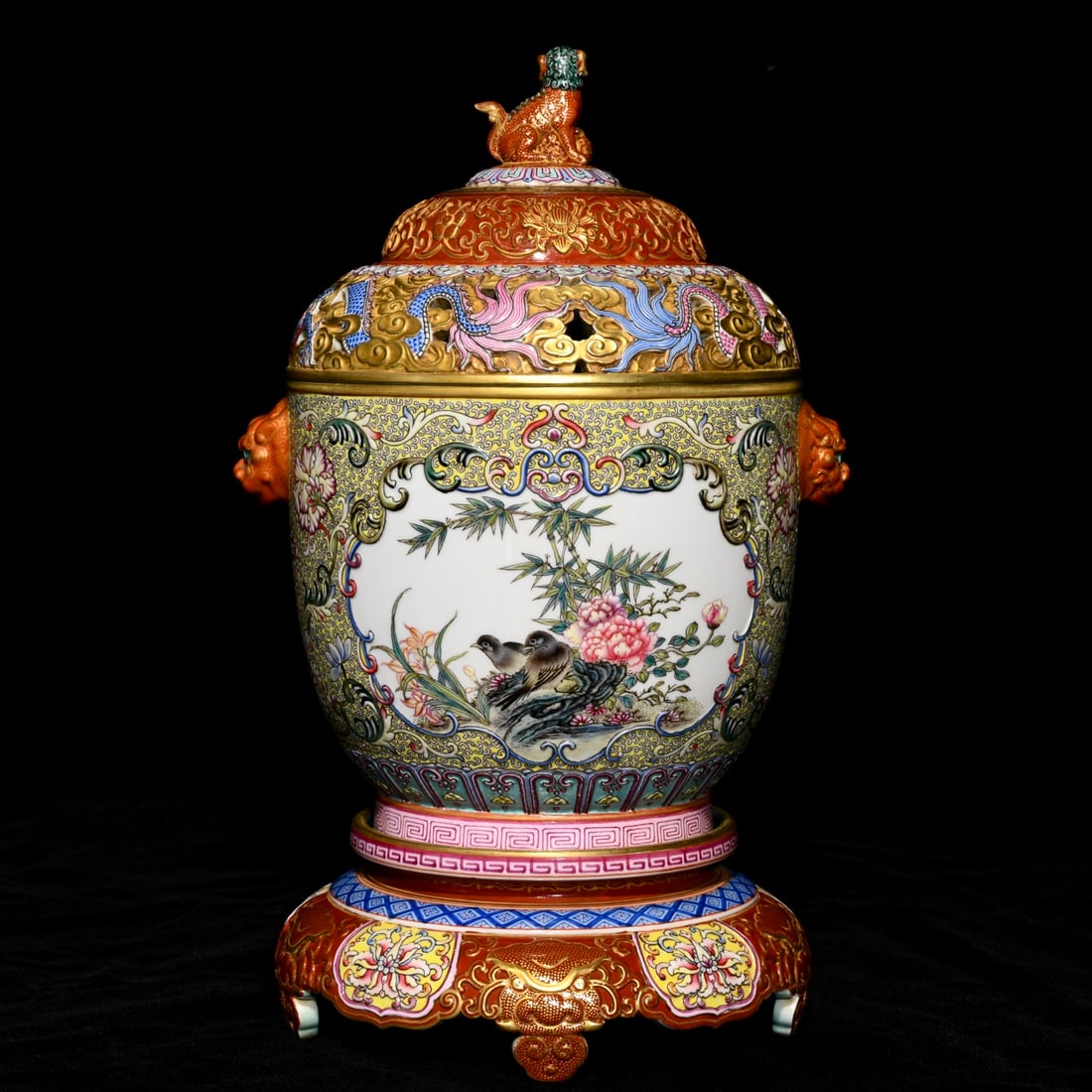 Porcelain Incense Burner Gilt Gold Famille Rose w Plum Flower & Magpie,Dragon Motifs,Qing Dynasty - 2